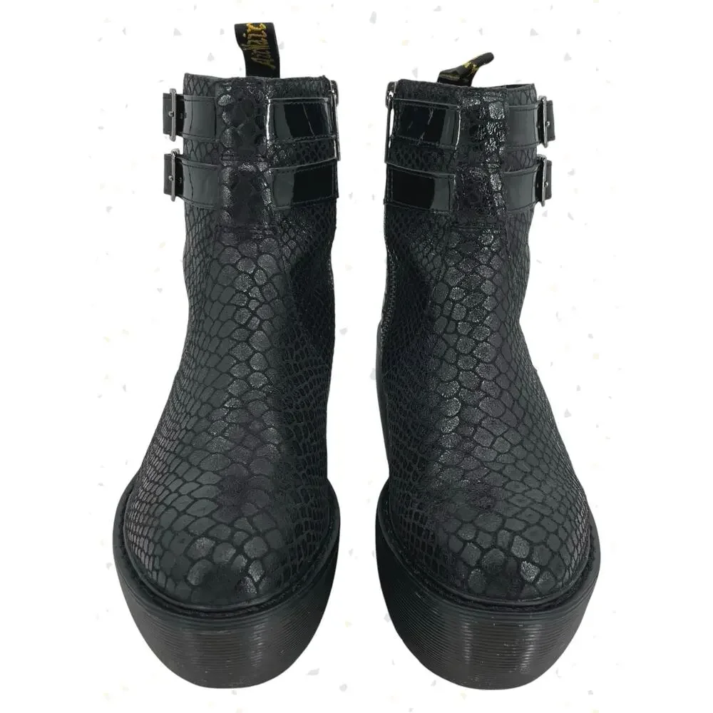 Dr. Martens Caitlin Black Reptile Snakeskin Wedge Buckles Ankle Boots Size 6